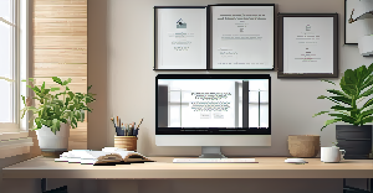 A stylish home office with a laptop, desk, and a motivational quote on the wall.