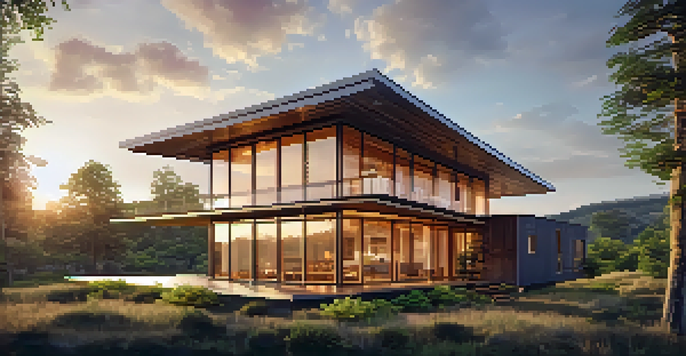 A contemporary sustainable building with large windows and solar panels, surrounded by vibrant green plants, illuminated by warm golden hour light.