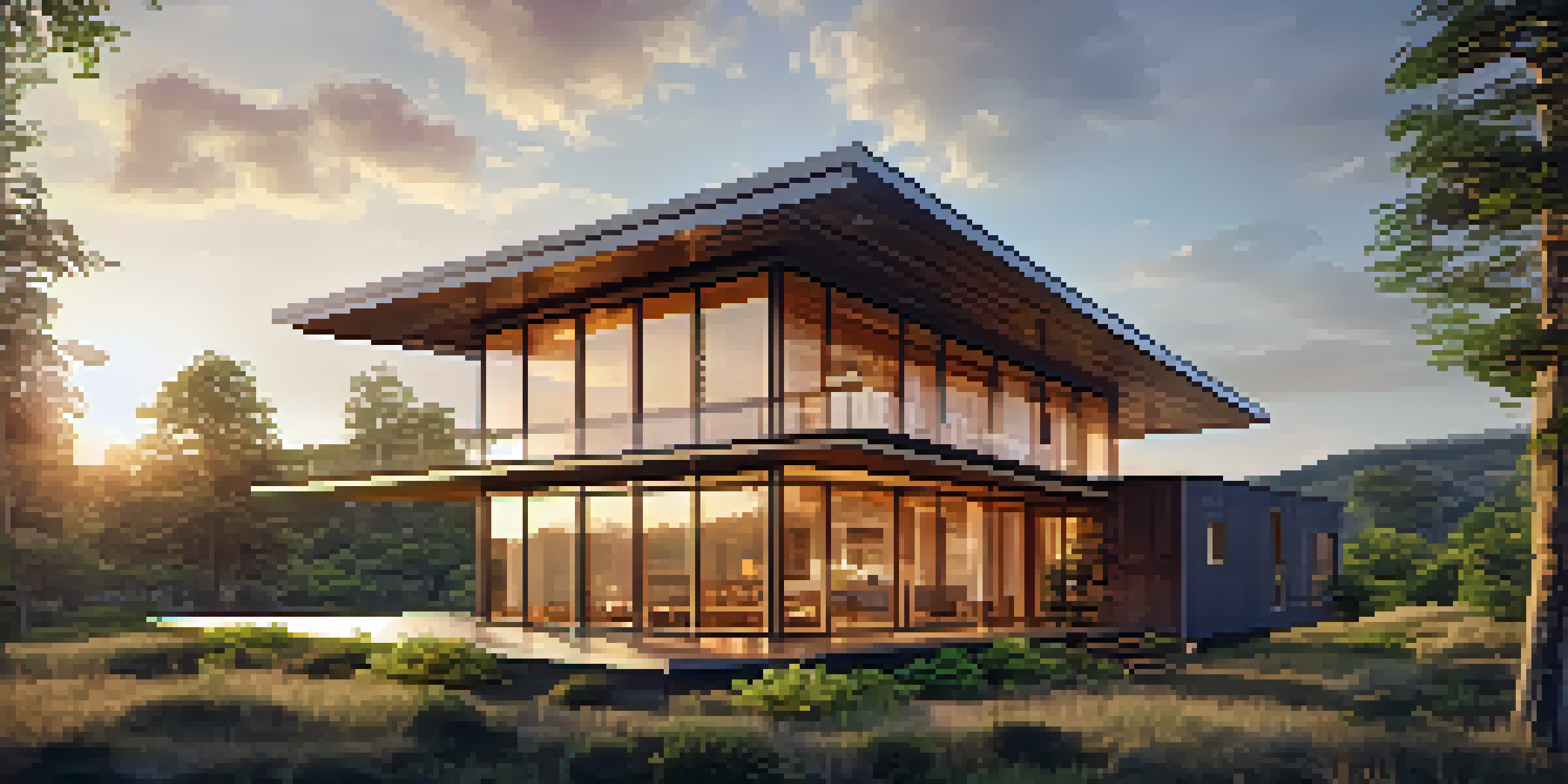 A contemporary sustainable building with large windows and solar panels, surrounded by vibrant green plants, illuminated by warm golden hour light.