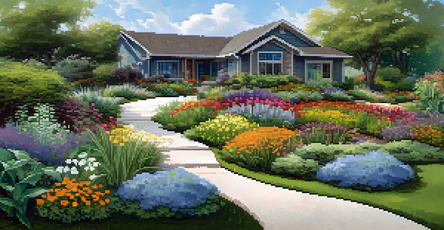A vibrant rain garden filled with native flowers, capturing rainwater runoff, set against a backdrop of blue skies.