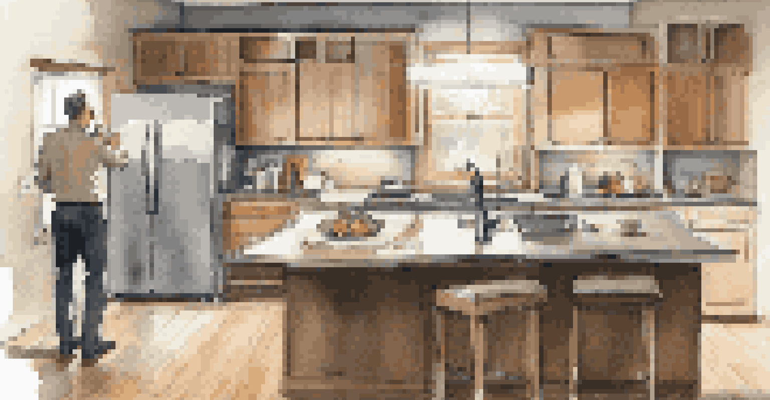 A property inspector examining plumbing under a kitchen sink with a flashlight, with an inspection report on the countertop.