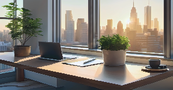 An office space with a view of the city skyline, featuring a wooden desk, laptop, notepad, coffee cup, and potted plants bathed in morning light.