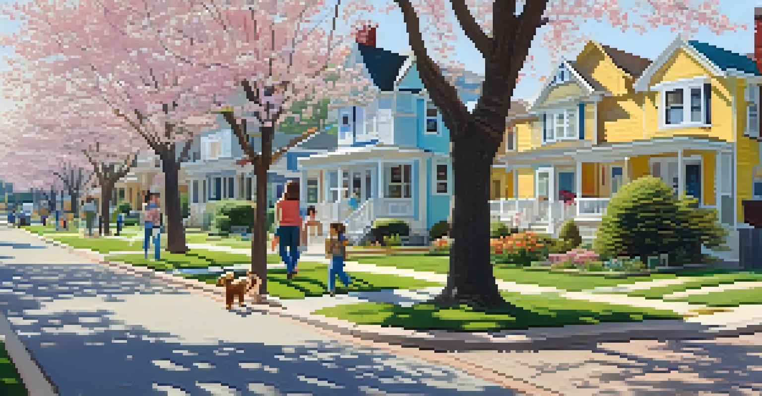 A picturesque neighborhood scene with colorful houses, blooming flowers, and people enjoying the outdoors.