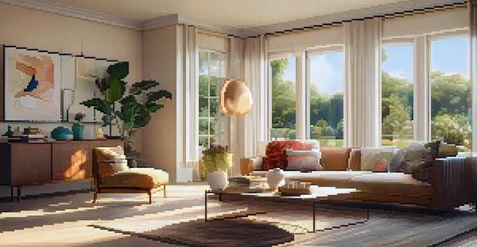 A bright and inviting living room with modern furniture and a view of a colorful garden through large windows.