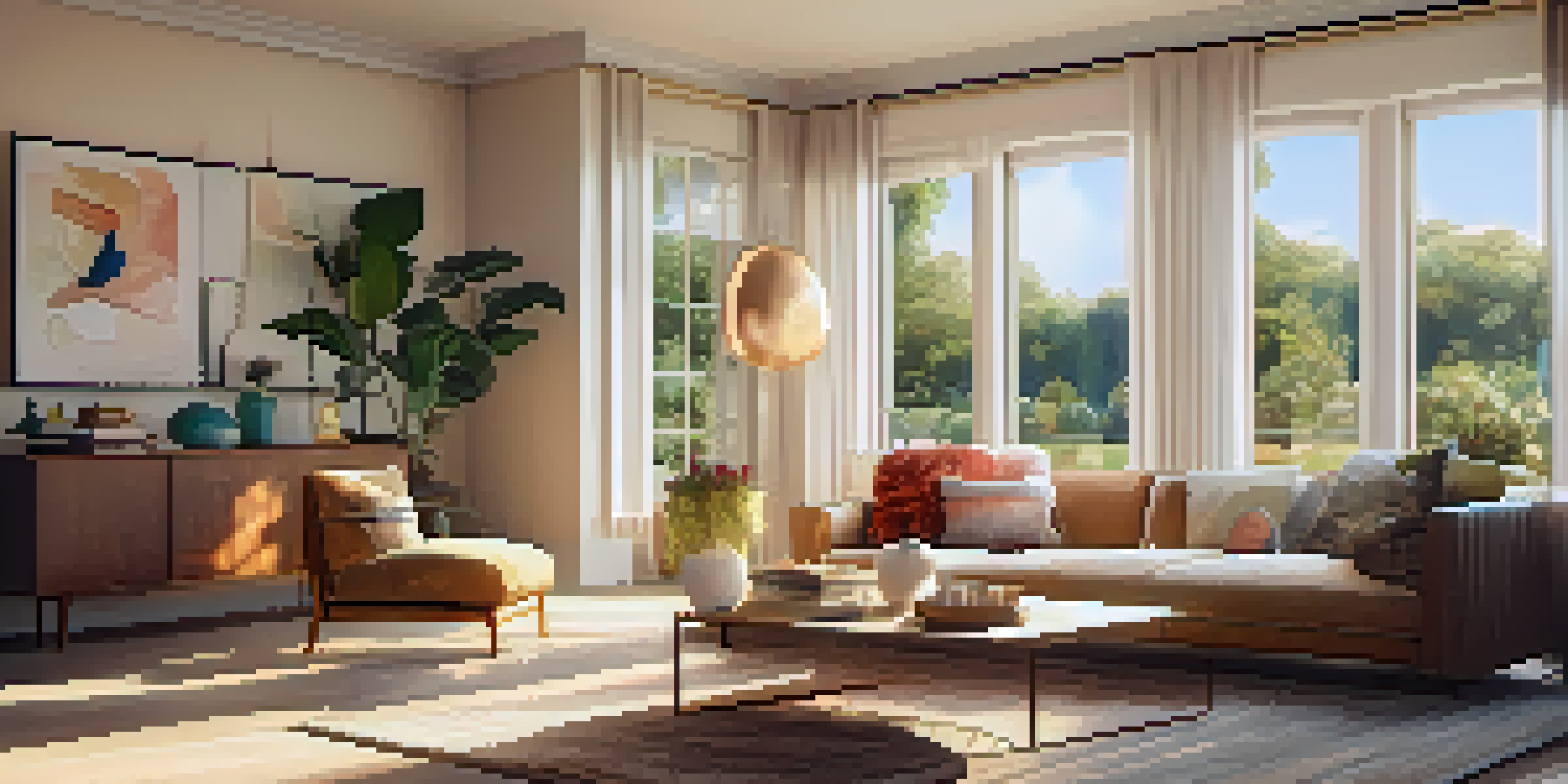 A bright and inviting living room with modern furniture and a view of a colorful garden through large windows.
