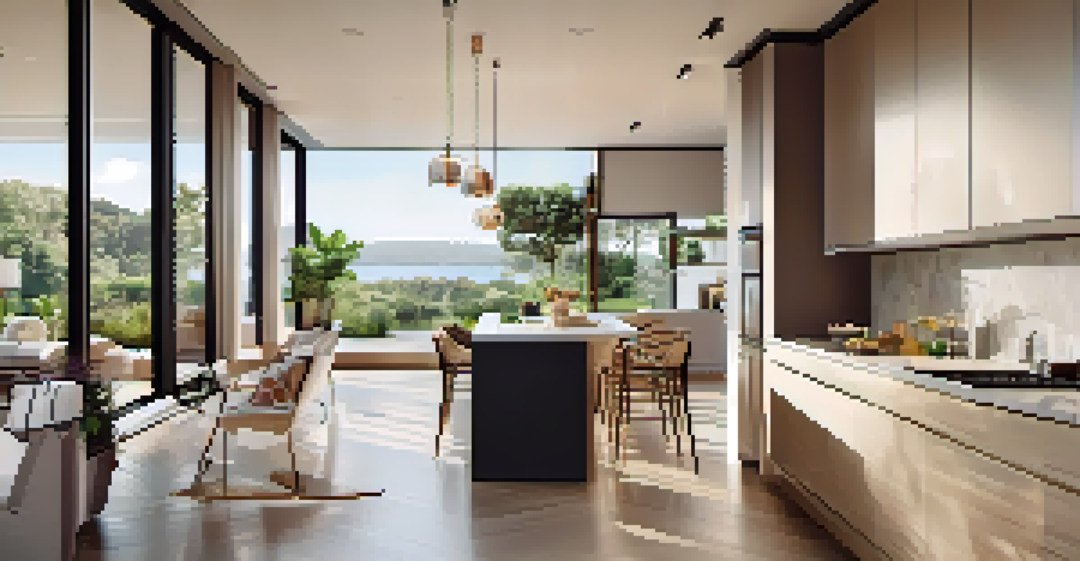 An open kitchen and dining area bathed in sunlight, showcasing modern design, light colors, and a view of the garden.