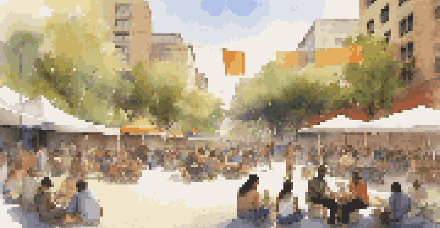A city plaza with an art installation, where diverse people are conversing and sharing stories under warm sunlight.