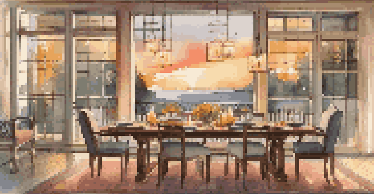 An inviting dining area in an open-concept home, set for a family gathering with warm lighting and a sunset view.
