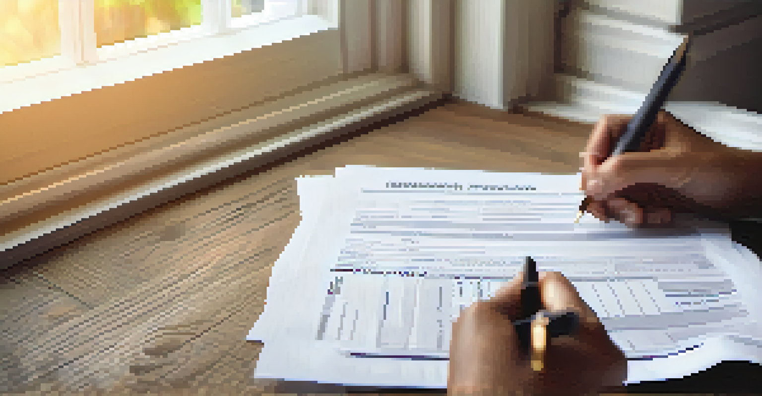 A close-up of a hand filling out a homeownership application form on a wooden table.