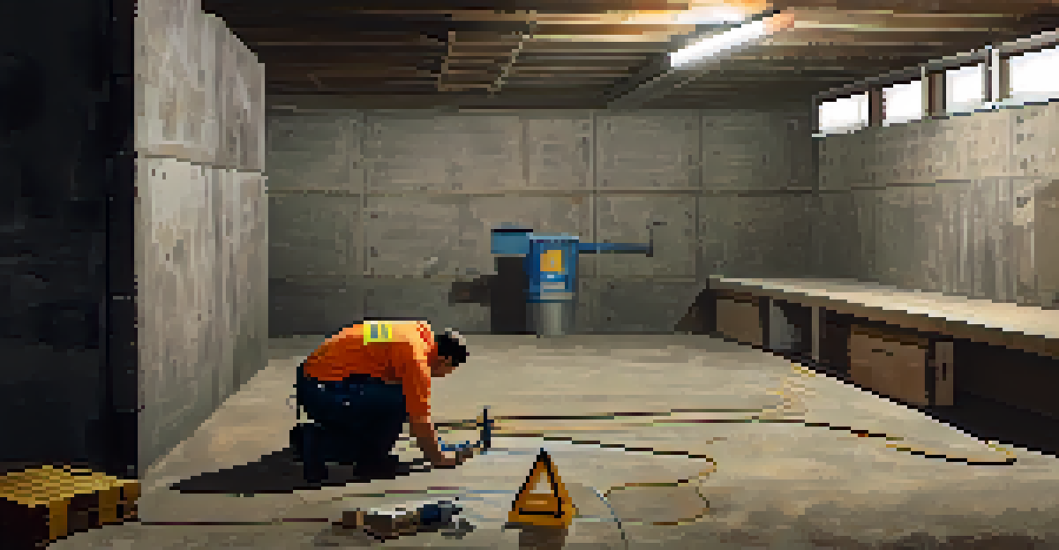 An inspector checking for water damage in a basement, focusing on cracks in the concrete walls.