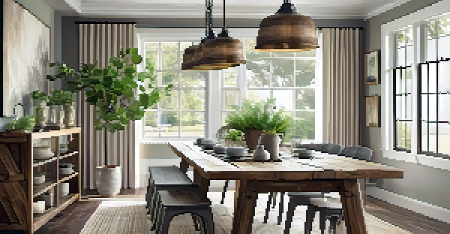 A rustic dining space with a vintage pendant light above a farmhouse table, filled with natural light and fresh greenery.