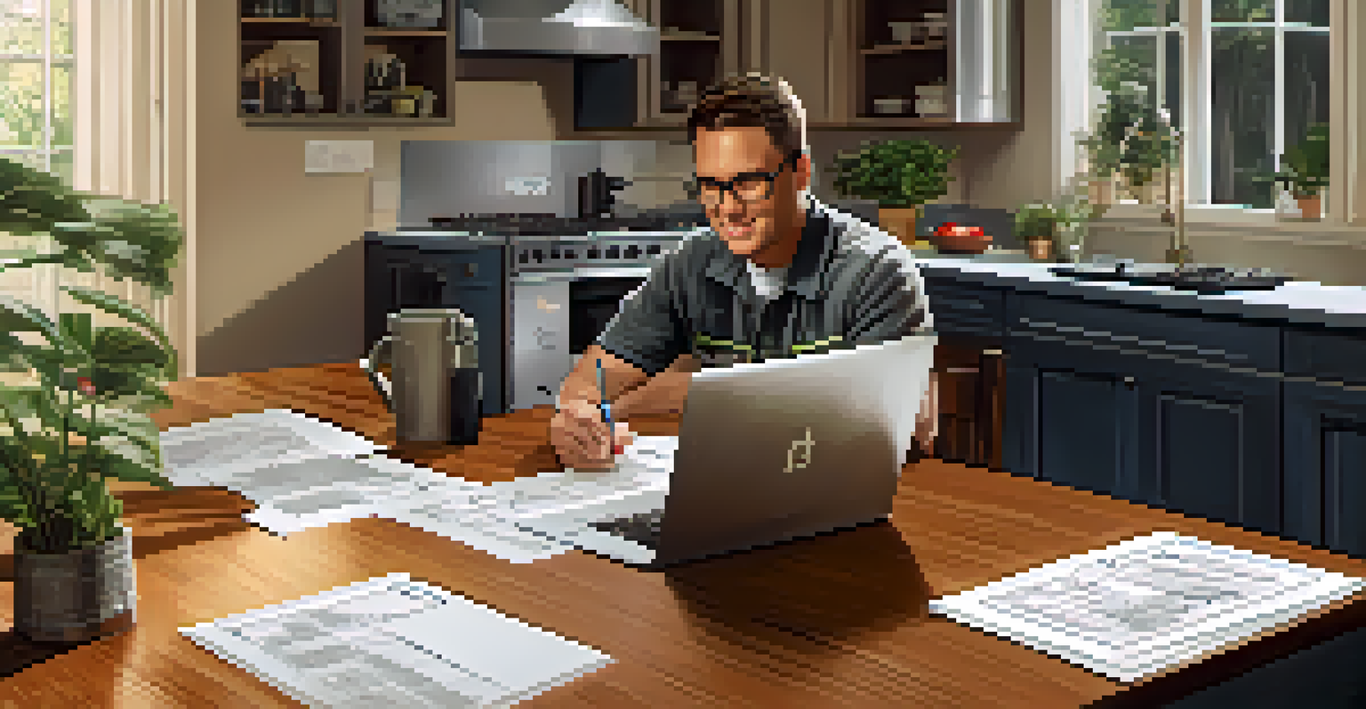 A contractor and homeowner reviewing a project estimate with blueprints and documents on a table.