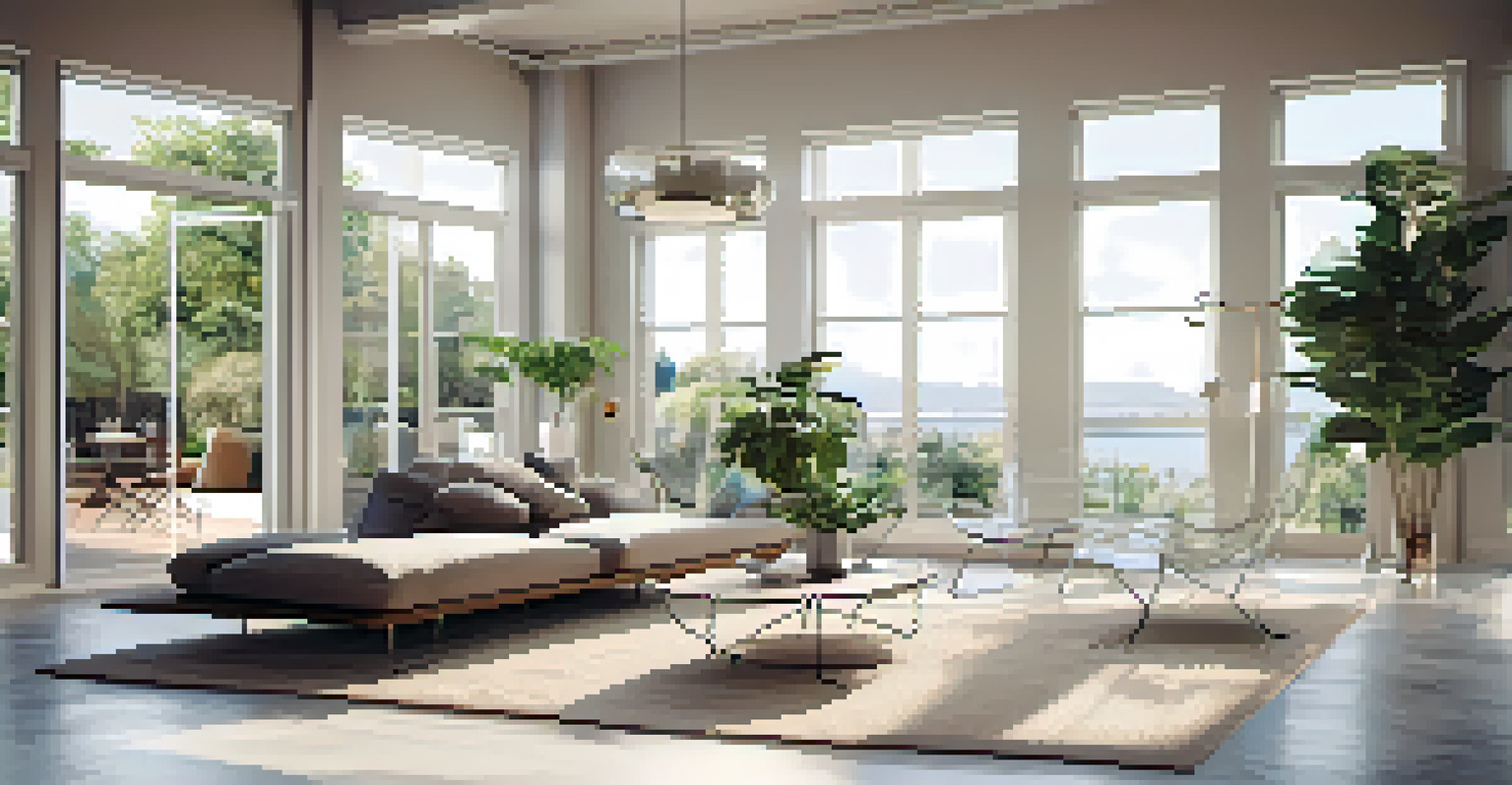 A minimalist living room filled with natural light, featuring transparent furniture and potted plants.