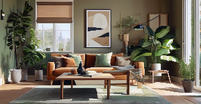 A bright and inviting living room in a rental property, decorated with a sofa, coffee table, and plants, illuminated by natural light from a nearby window.