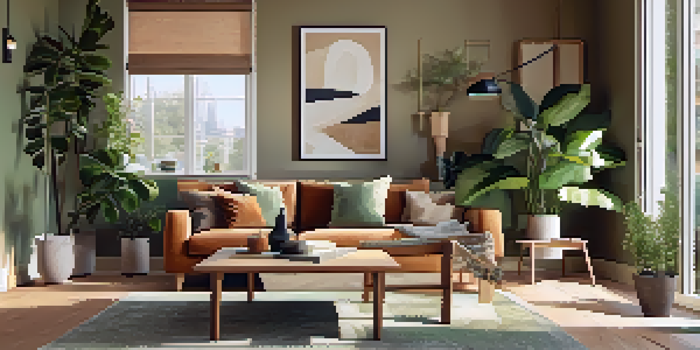 A bright and inviting living room in a rental property, decorated with a sofa, coffee table, and plants, illuminated by natural light from a nearby window.