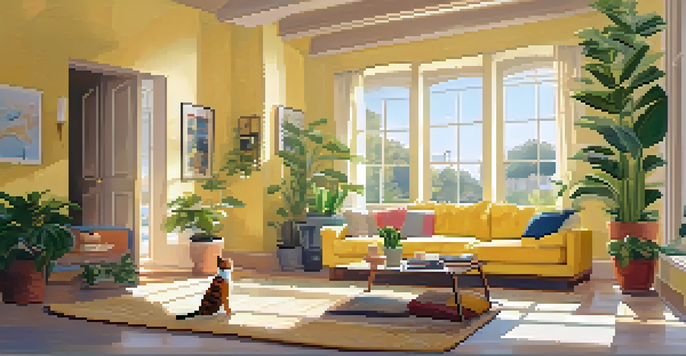 A cozy living room with a smart camera watching a playful cat, warm lighting, and a sofa with colorful cushions.