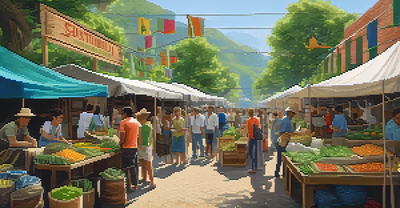 A community market with stalls featuring handcrafted sustainable materials and a vibrant atmosphere.