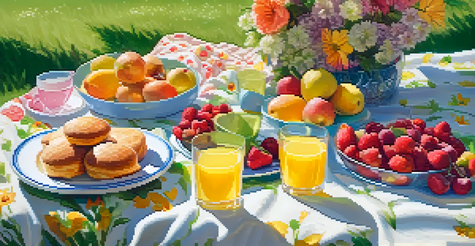 A colorful spring picnic setup on a floral blanket with fruits and pastries, surrounded by blooming flowers and dappled sunlight.