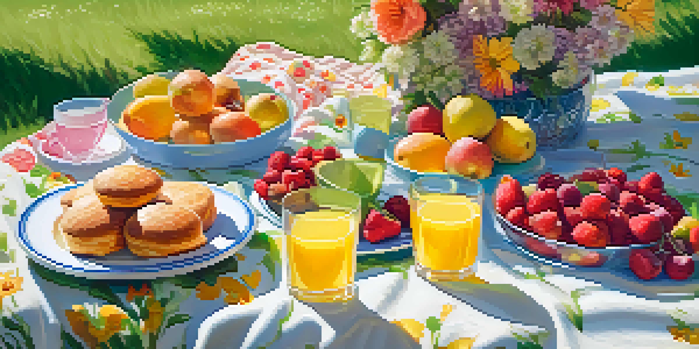 A colorful spring picnic setup on a floral blanket with fruits and pastries, surrounded by blooming flowers and dappled sunlight.