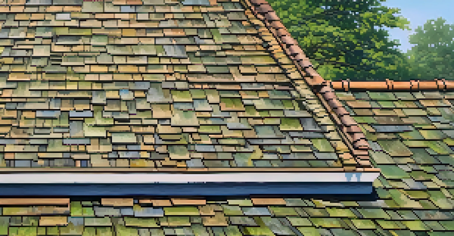 A detailed close-up of a well-maintained roof with shingles under a clear blue sky, with sunlight casting soft shadows.