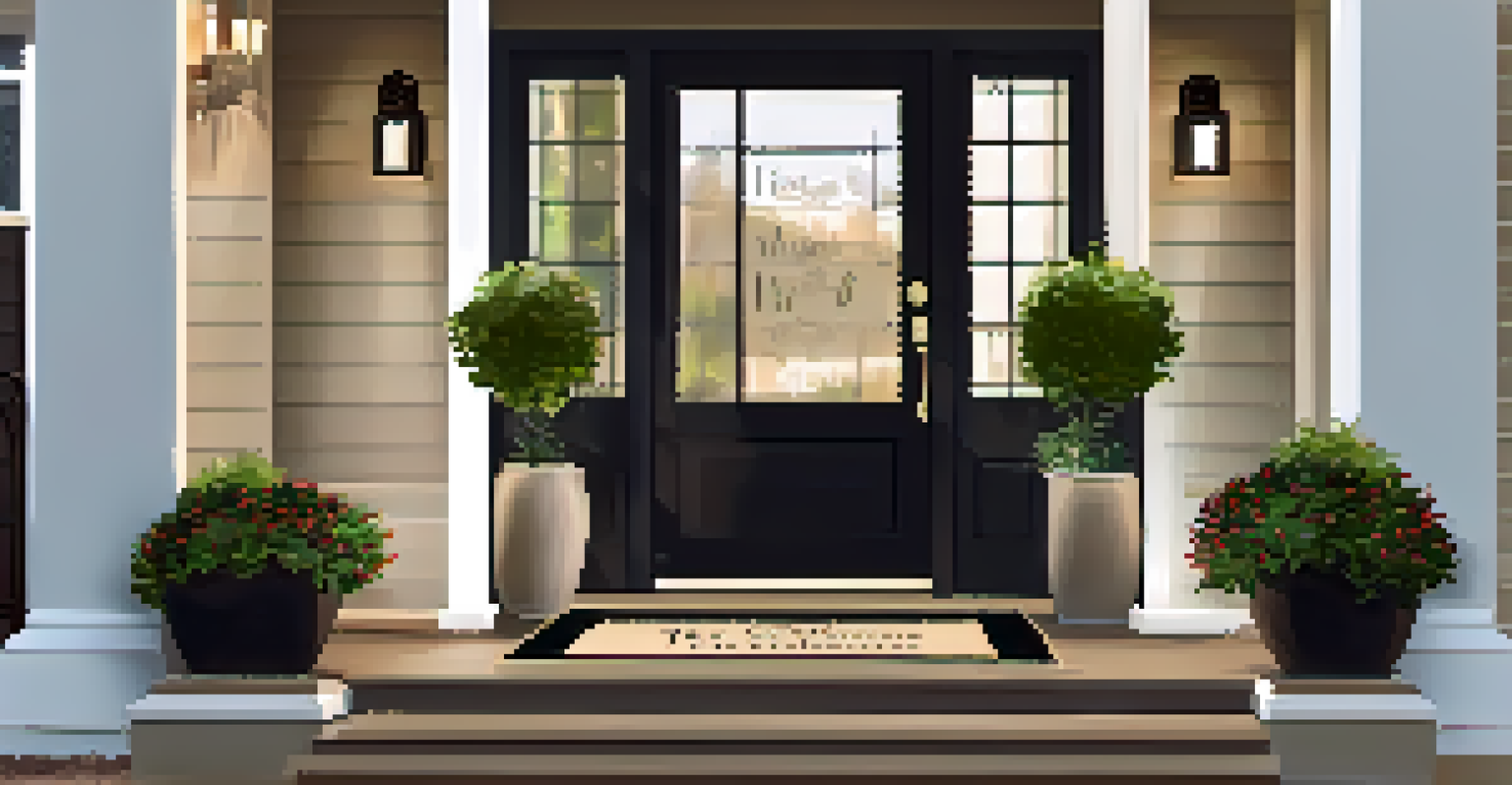 An inviting entryway of a home for an open house, with a decorative door, welcome mat, and potted plants.