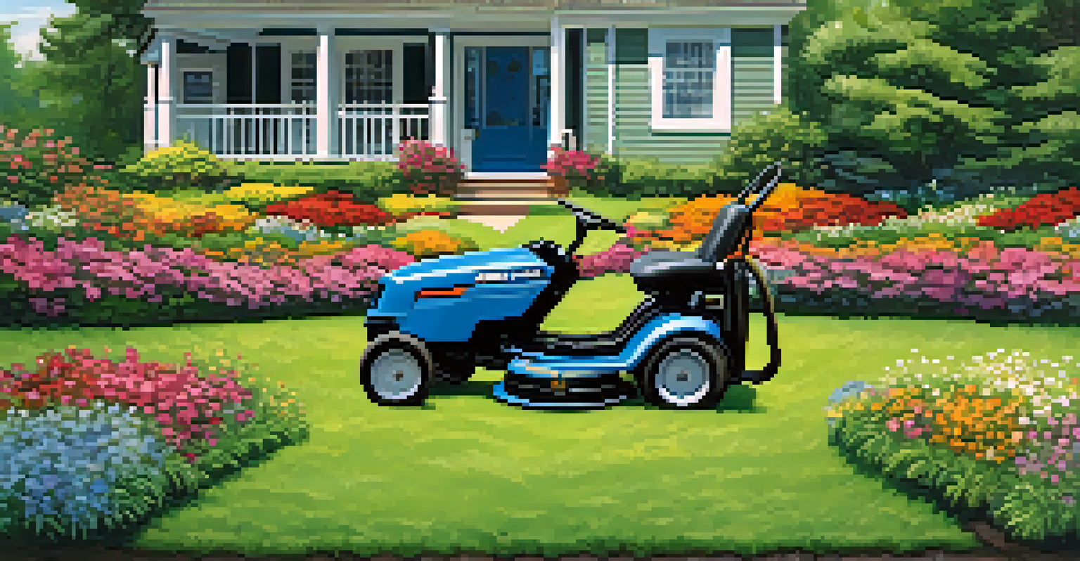 A lawn mower on a freshly mowed lawn with flower beds in the background.