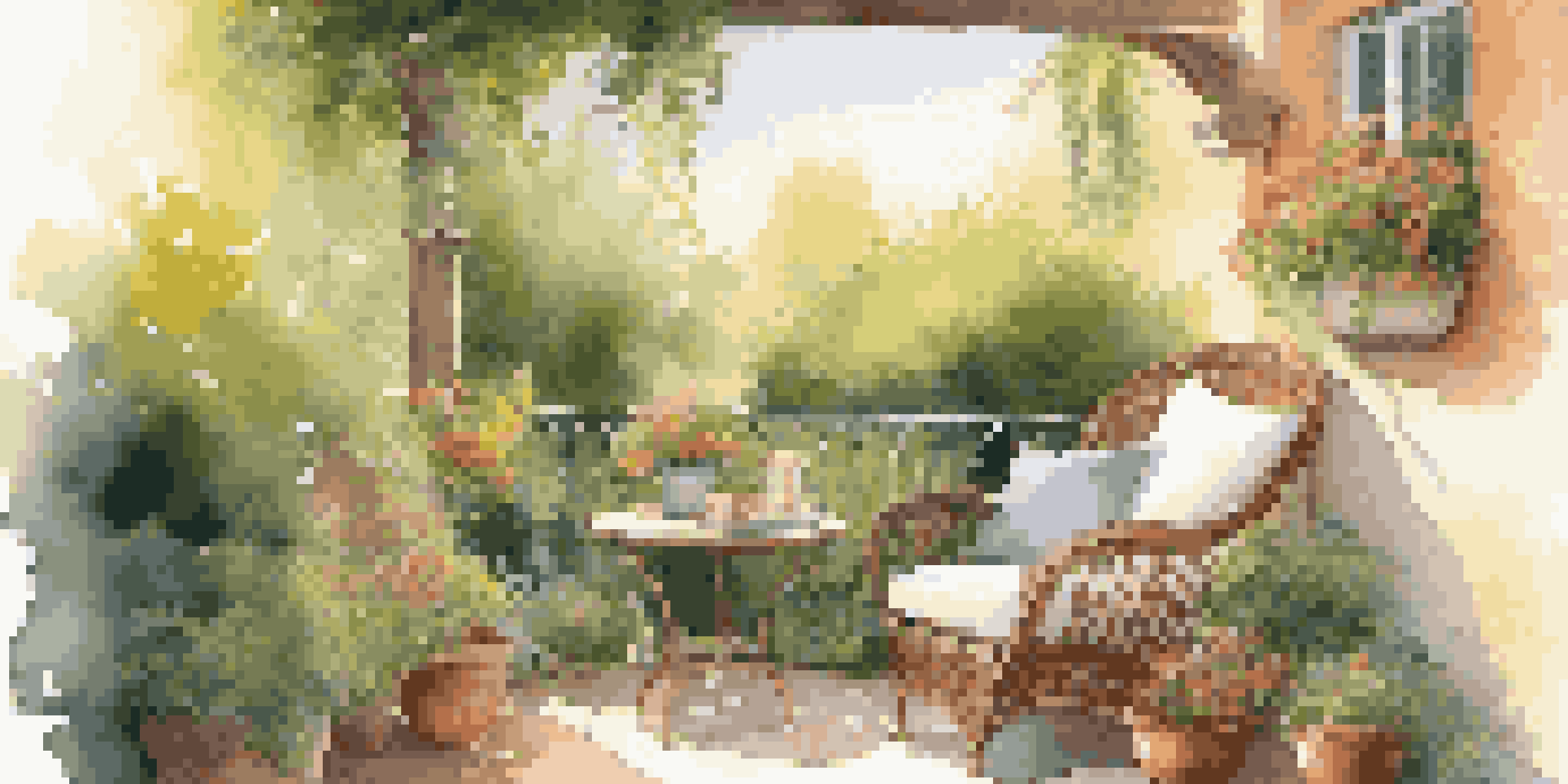 A cozy reading nook in an outdoor space, surrounded by greenery and flowers, with warm afternoon light.