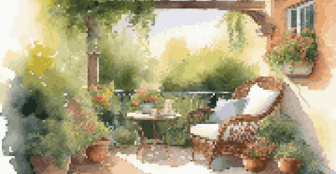 A cozy reading nook in an outdoor space, surrounded by greenery and flowers, with warm afternoon light.
