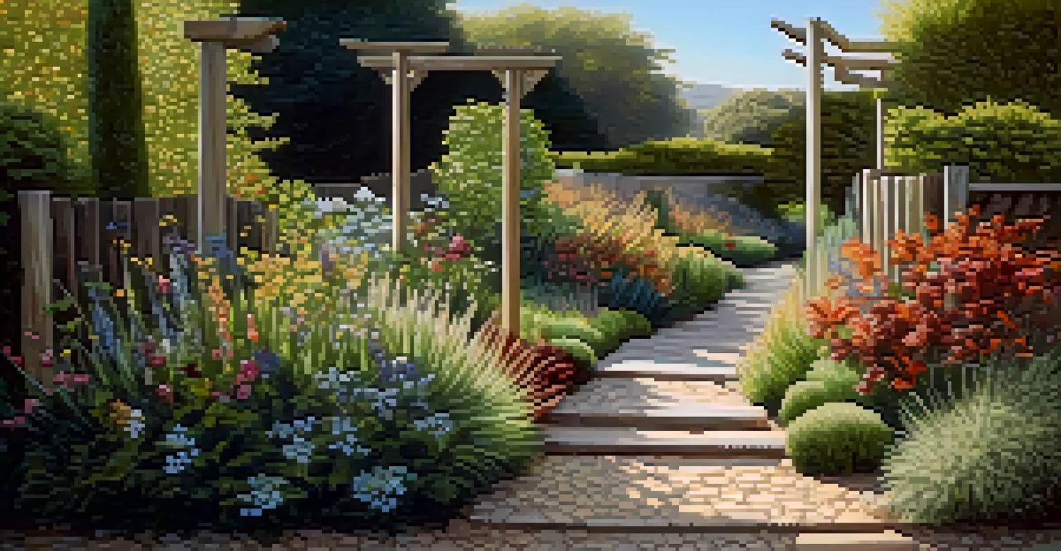 A gravel path through a garden with local plants, featuring a wooden trellis in the background.