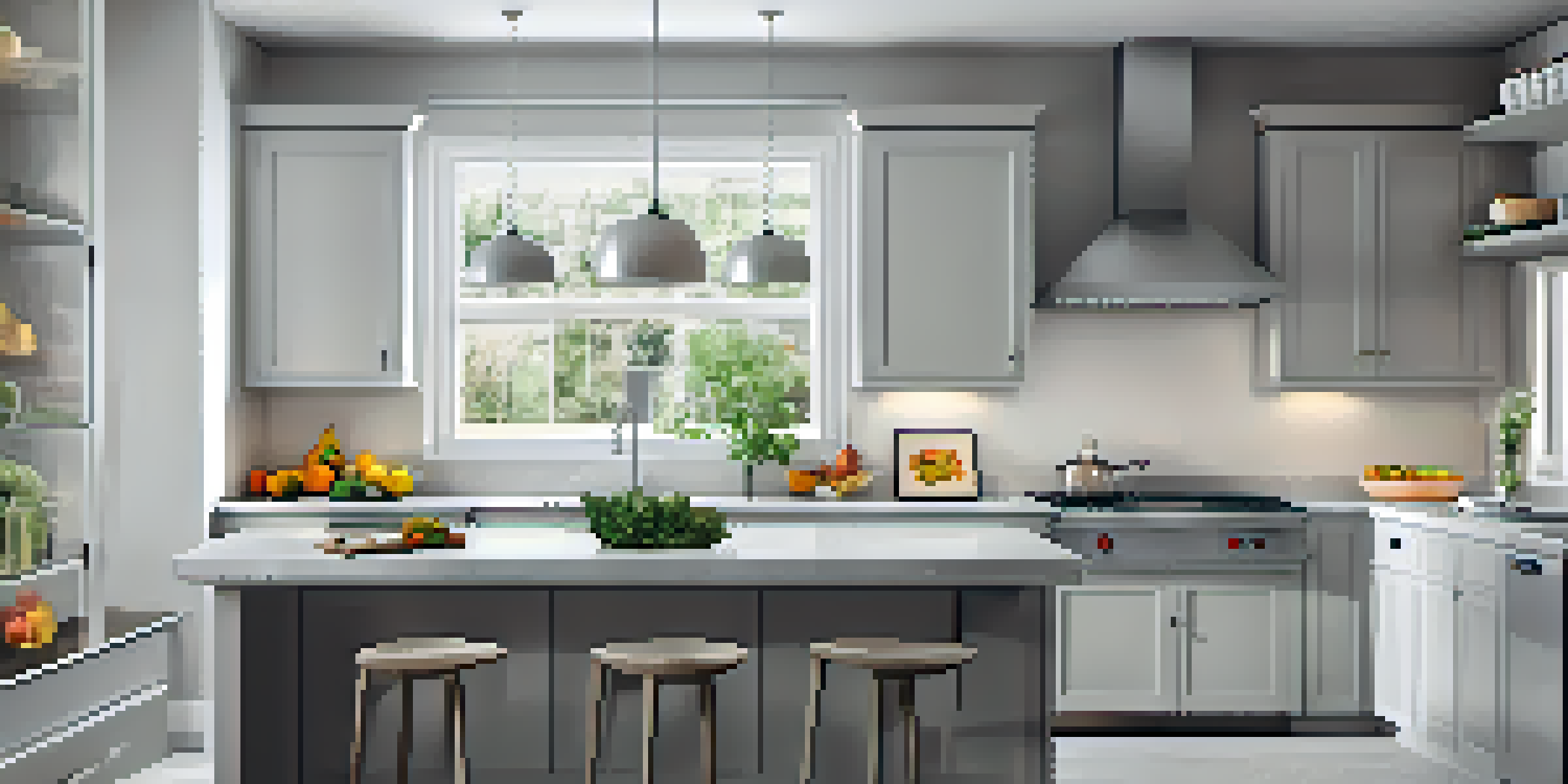 A clean and minimalist kitchen with white cabinets and light gray walls, featuring a fruit bowl and natural light.
