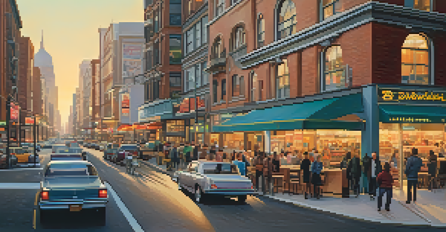 A lively urban commercial area filled with shops and restaurants, bustling with people under a golden sunset.