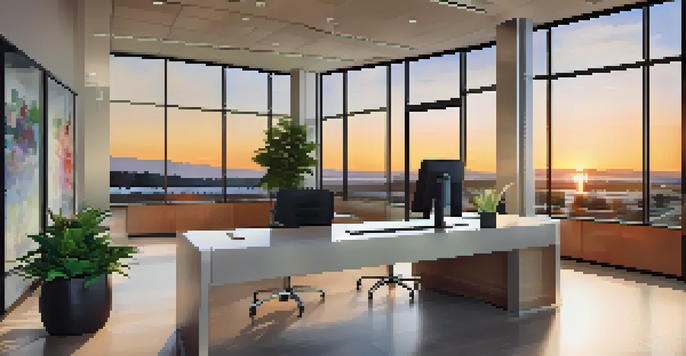 A modern real estate office with glass windows reflecting a sunset, featuring a welcoming reception area and a friendly agent.