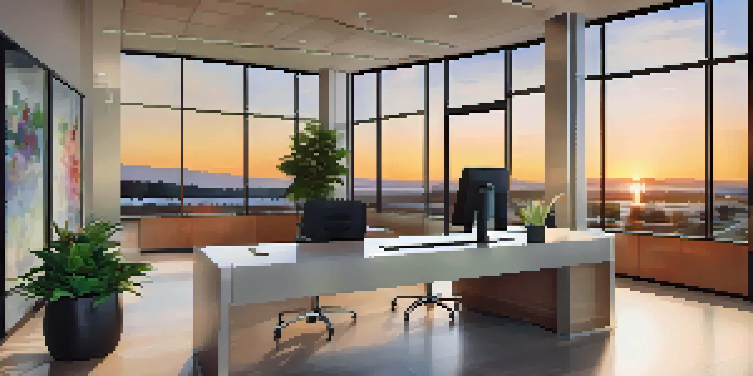 A modern real estate office with glass windows reflecting a sunset, featuring a welcoming reception area and a friendly agent.