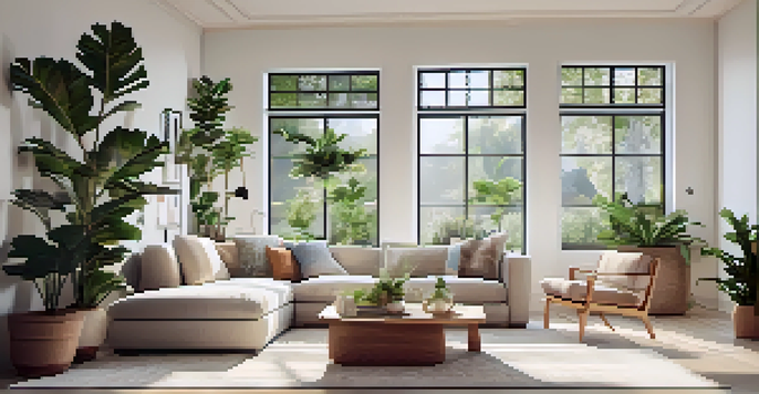 A well-decorated, sunlit living room with large windows, a cozy sofa, and indoor plants.