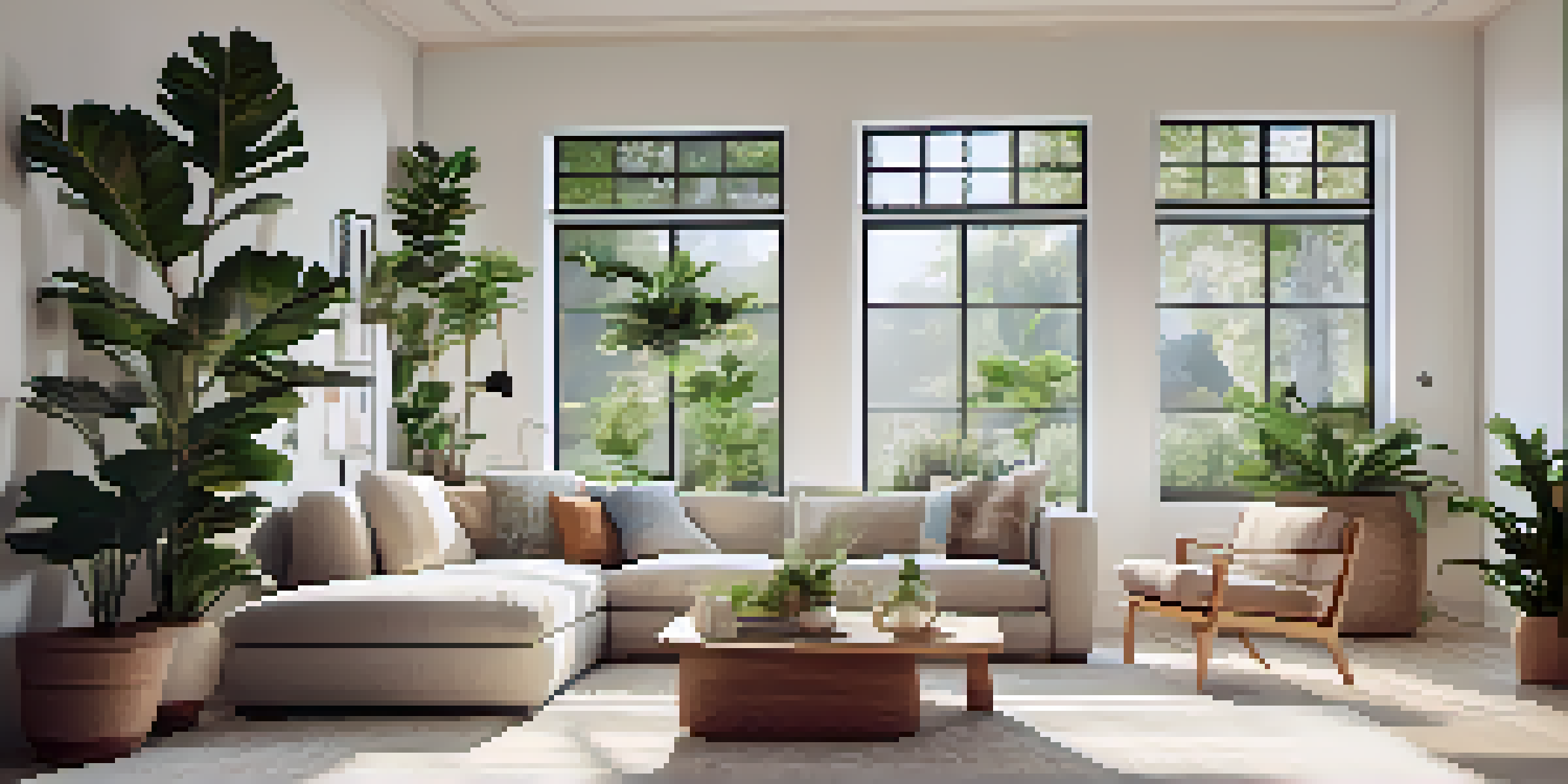 A well-decorated, sunlit living room with large windows, a cozy sofa, and indoor plants.