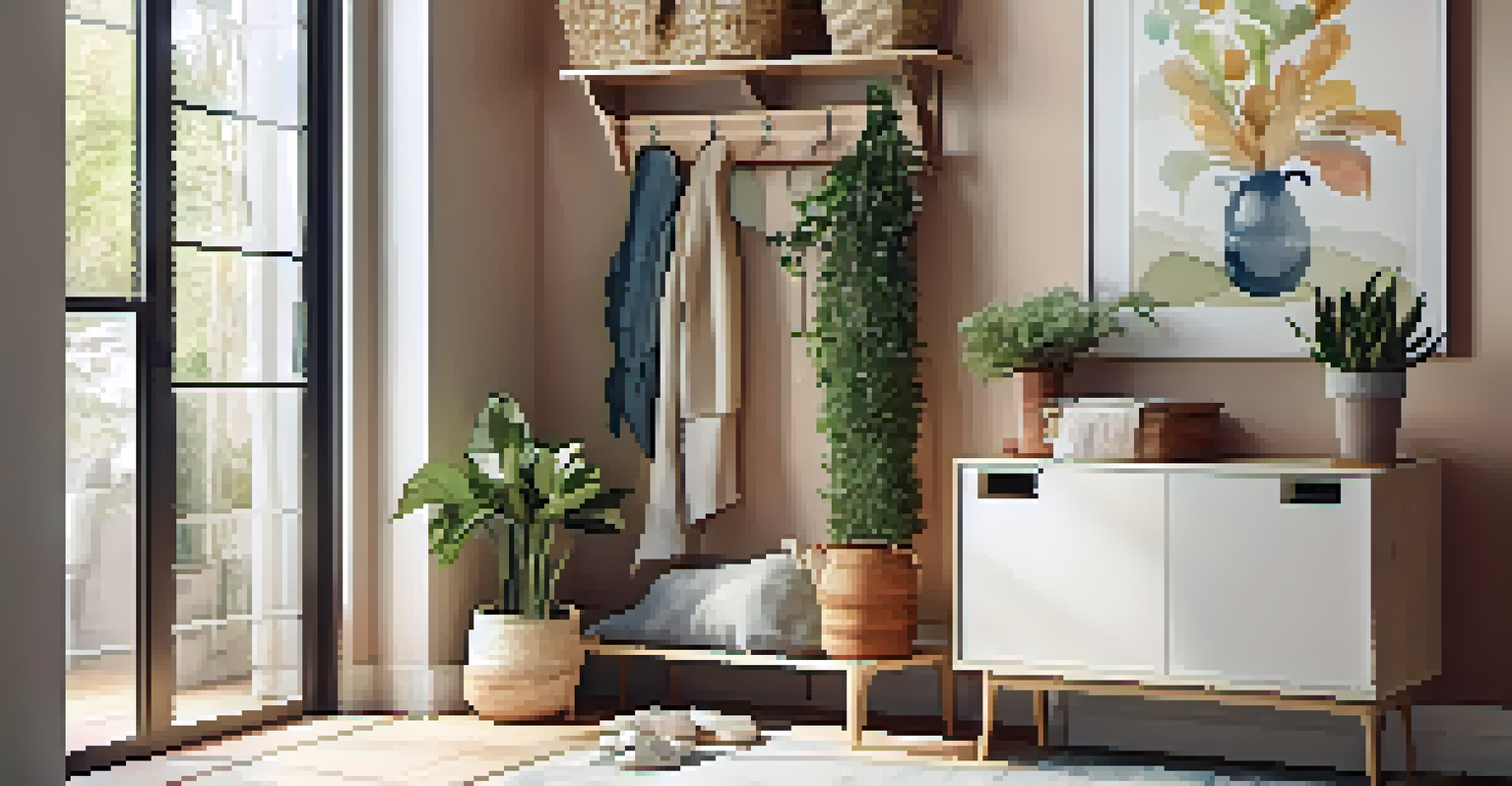 A well-organized small entryway with shelving, mirror, storage bench, and plant.