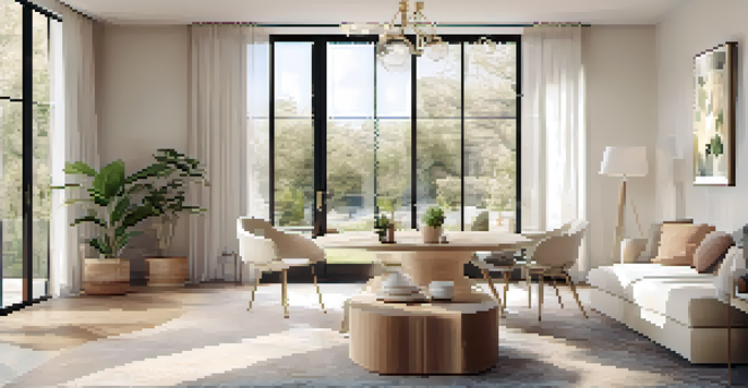 An open concept living space with a cozy sofa, dining area, and large windows letting in natural light, decorated in soft cream colors.
