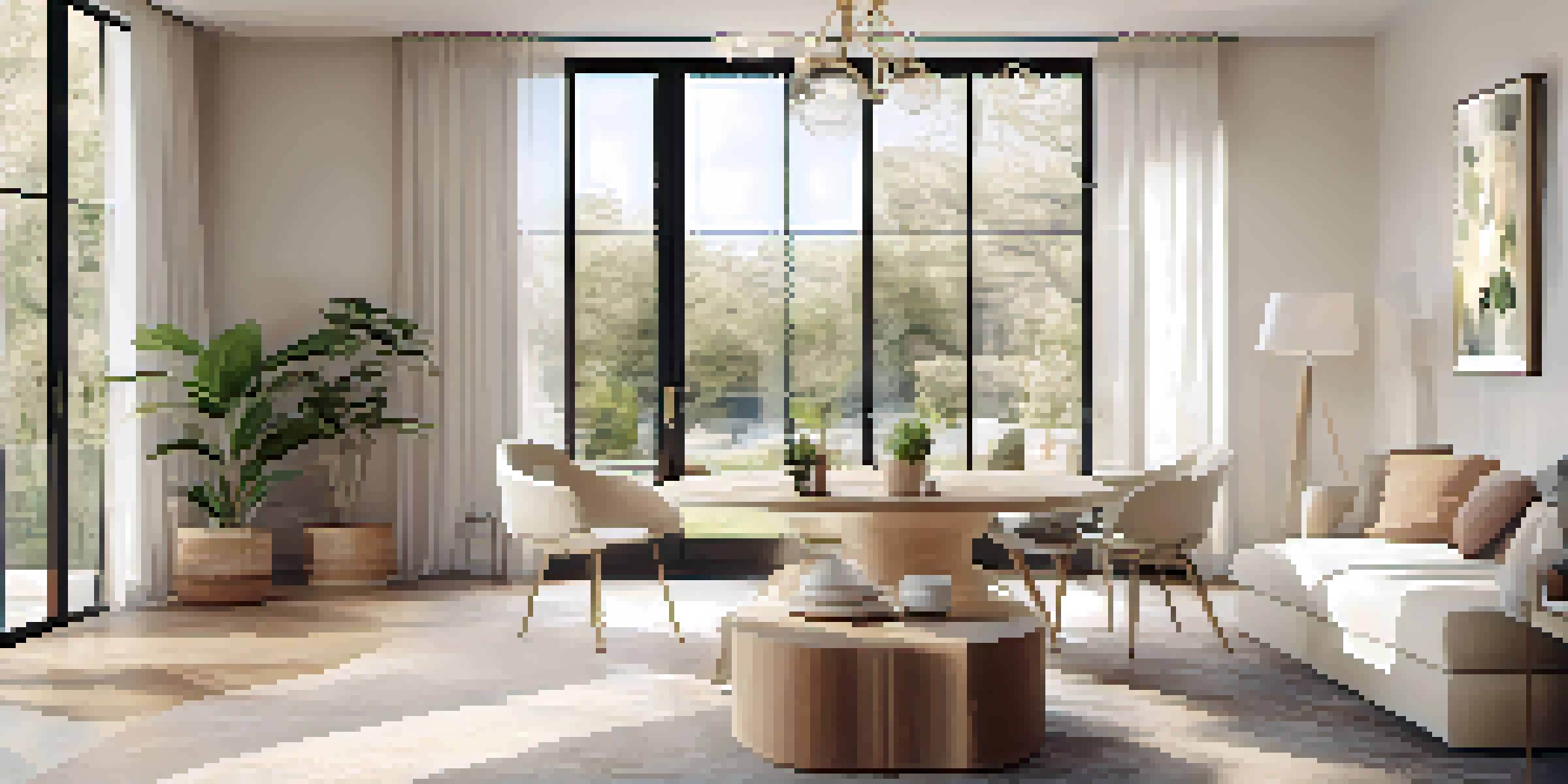 An open concept living space with a cozy sofa, dining area, and large windows letting in natural light, decorated in soft cream colors.