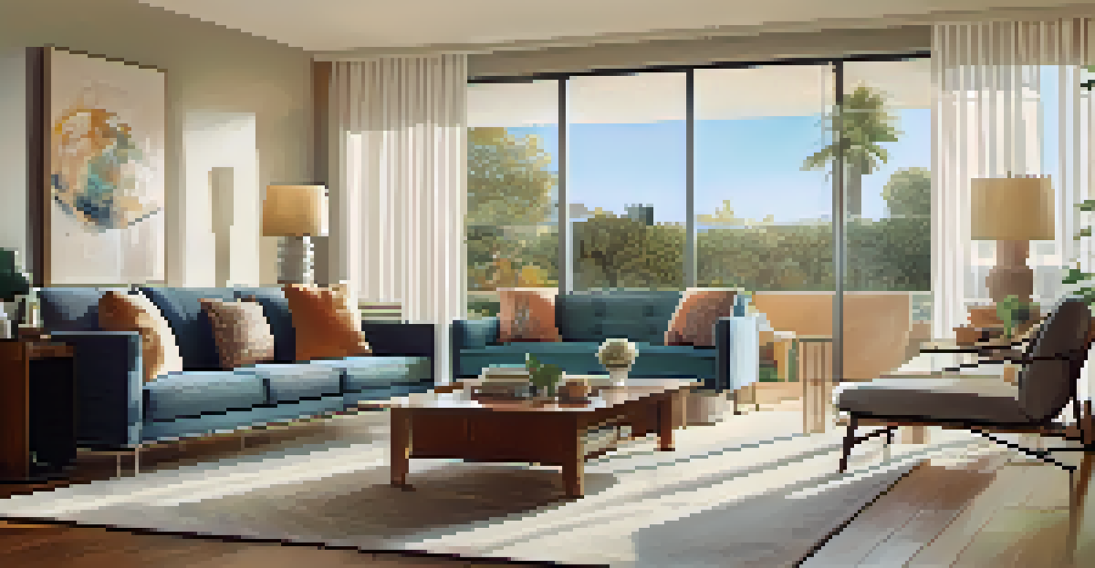 A modern living room in a rental property with a couch, coffee table, and sunlight filtering through curtains.