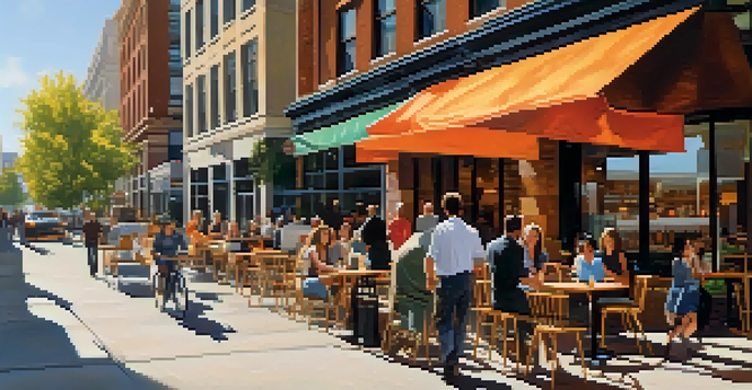 A lively urban street filled with office buildings, retail shops, and people engaging in outdoor activities, illuminated by warm sunlight.