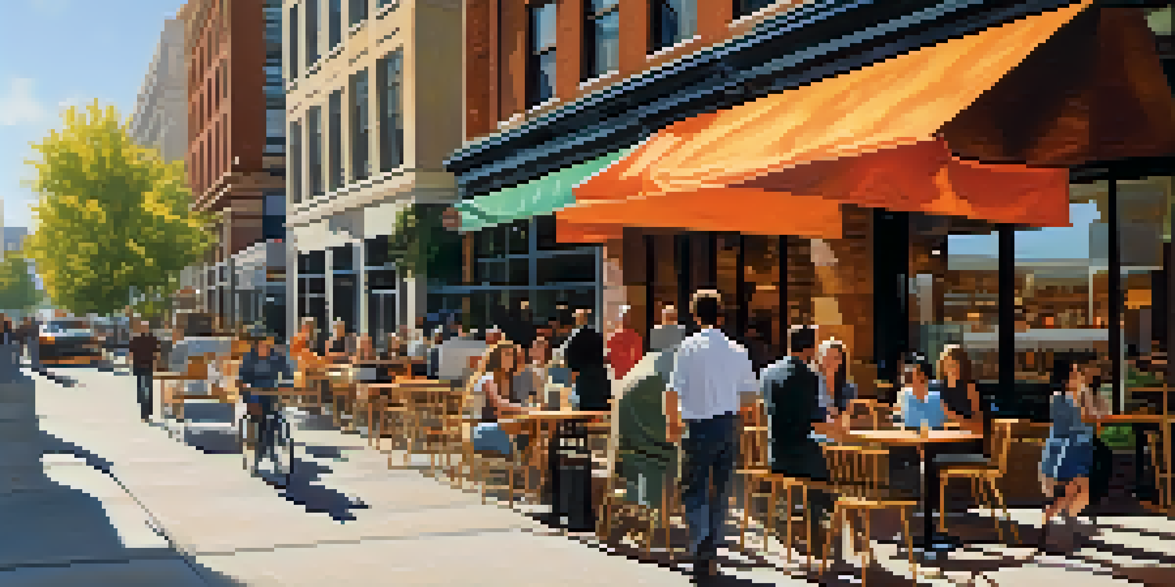 A lively urban street filled with office buildings, retail shops, and people engaging in outdoor activities, illuminated by warm sunlight.