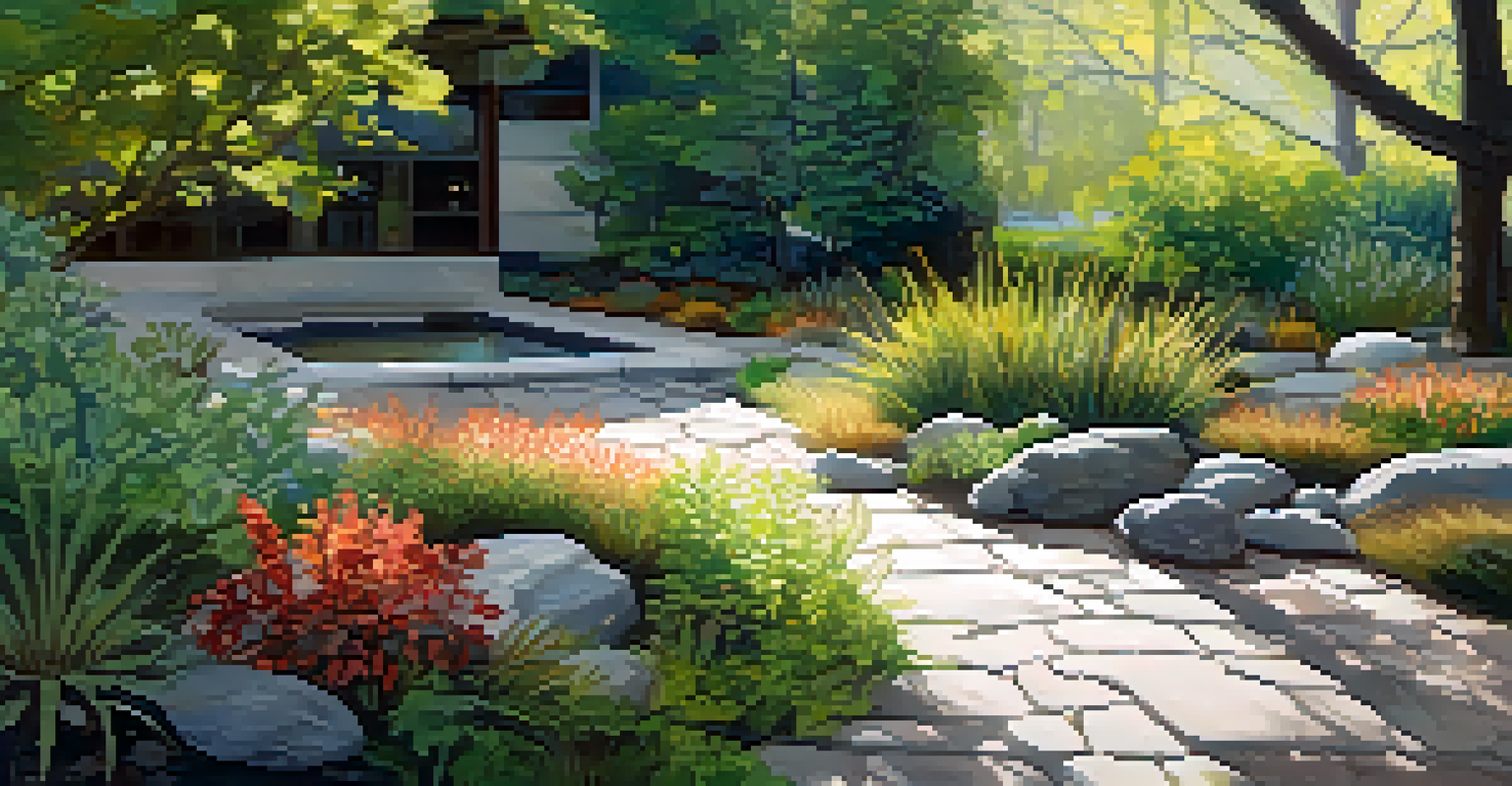 A rain garden filled with native plants and stones, with sunlight creating patterns on the ground from the leaves.