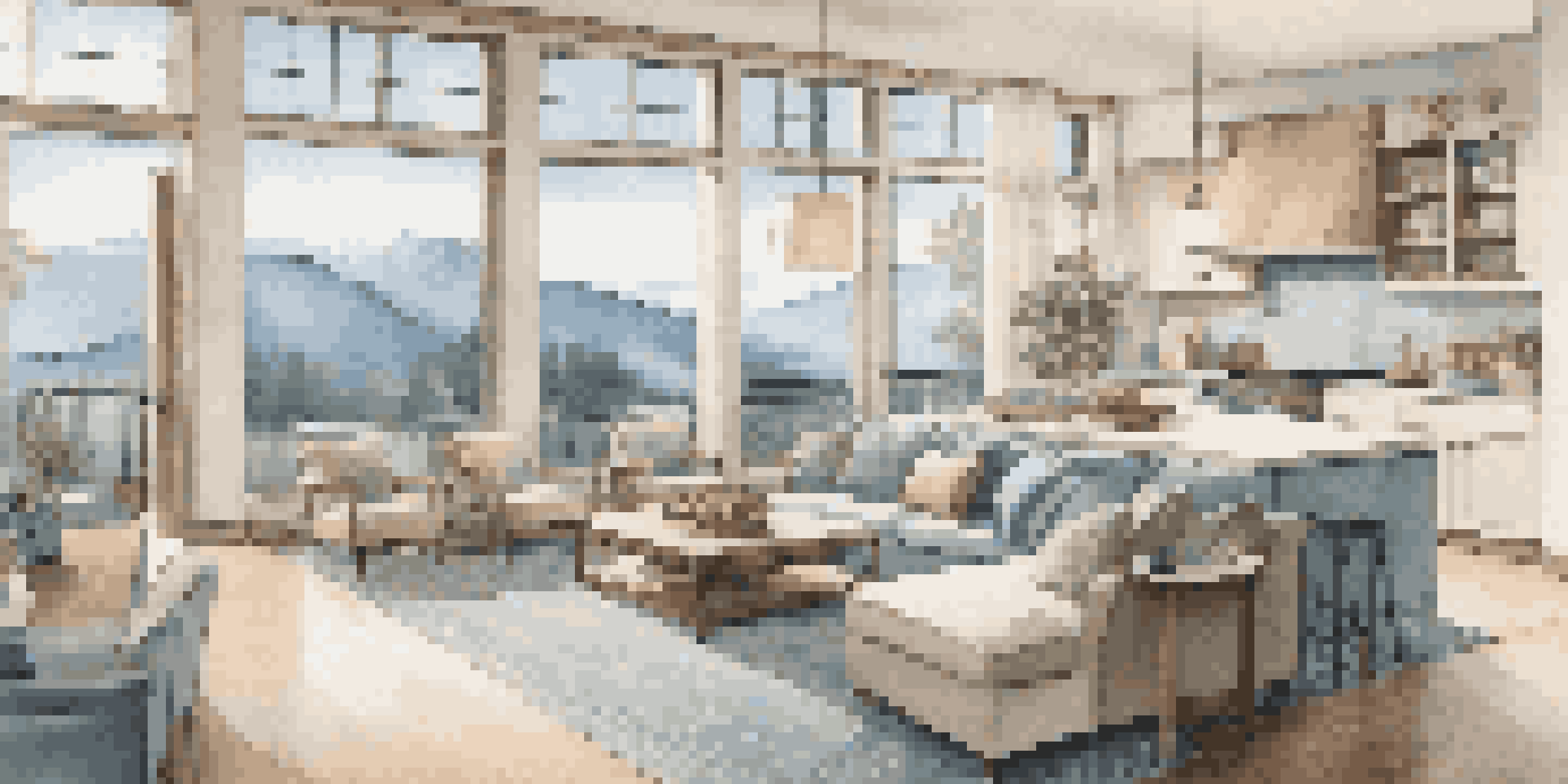 A bright and airy open-concept living area with a modern kitchen and comfortable seating, featuring large windows with a view of mountains.
