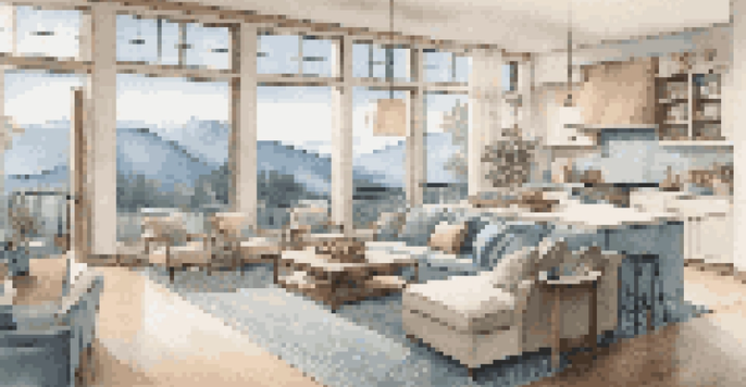 A bright and airy open-concept living area with a modern kitchen and comfortable seating, featuring large windows with a view of mountains.