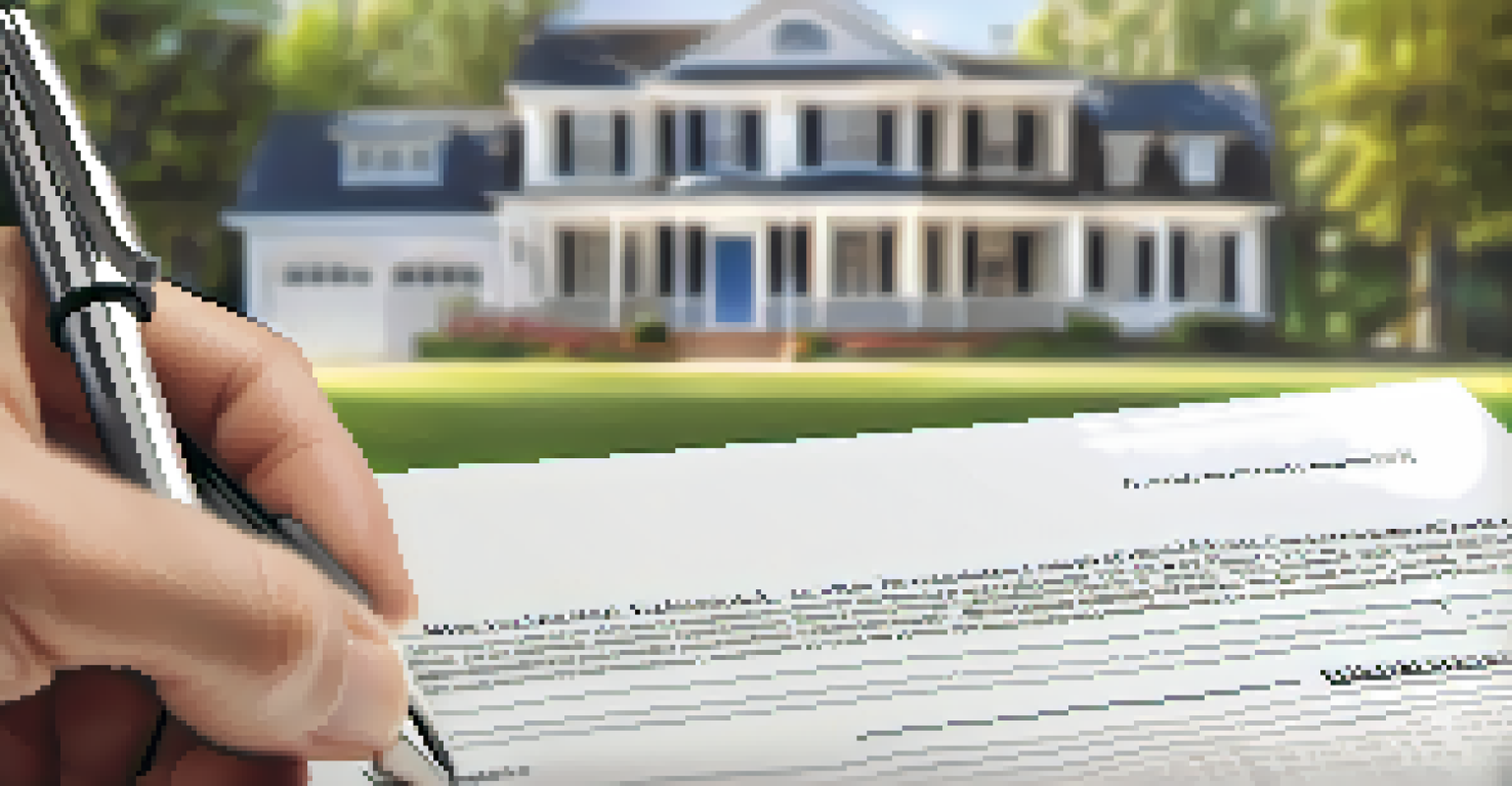 A close-up of a hand with a pen hovering over a purchase agreement, with a house and happy buyers blurred in the background.