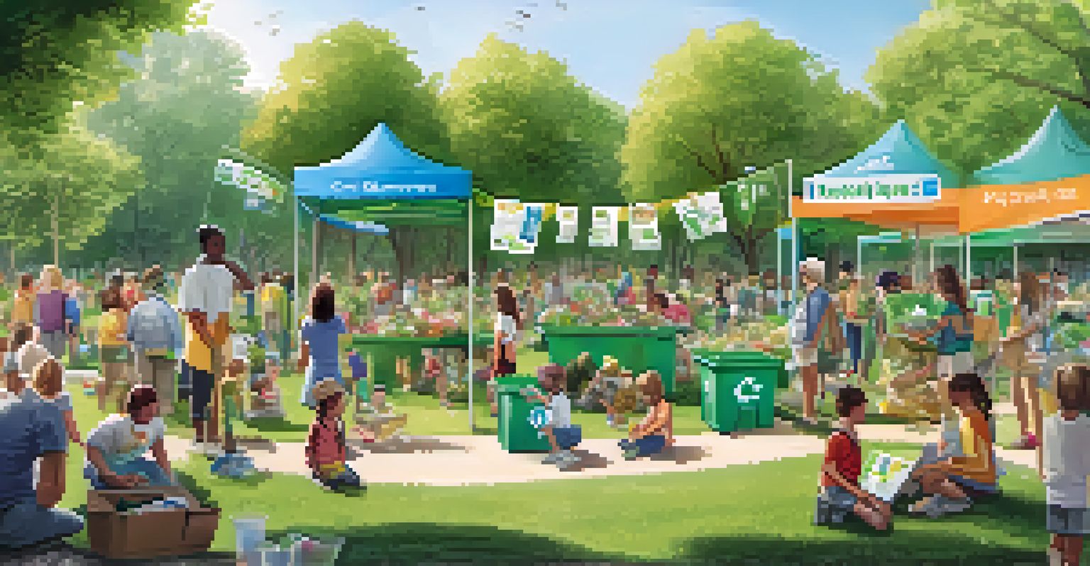 Residents participating in a community recycling event in a green park, with volunteers and children involved.