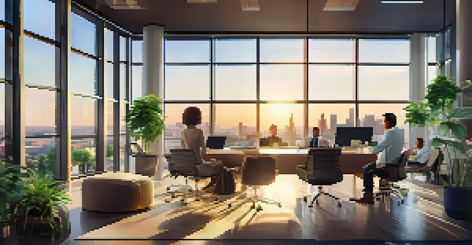 A modern real estate crowdfunding office with investors discussing plans, surrounded by greenery and reflecting the city skyline at sunset.