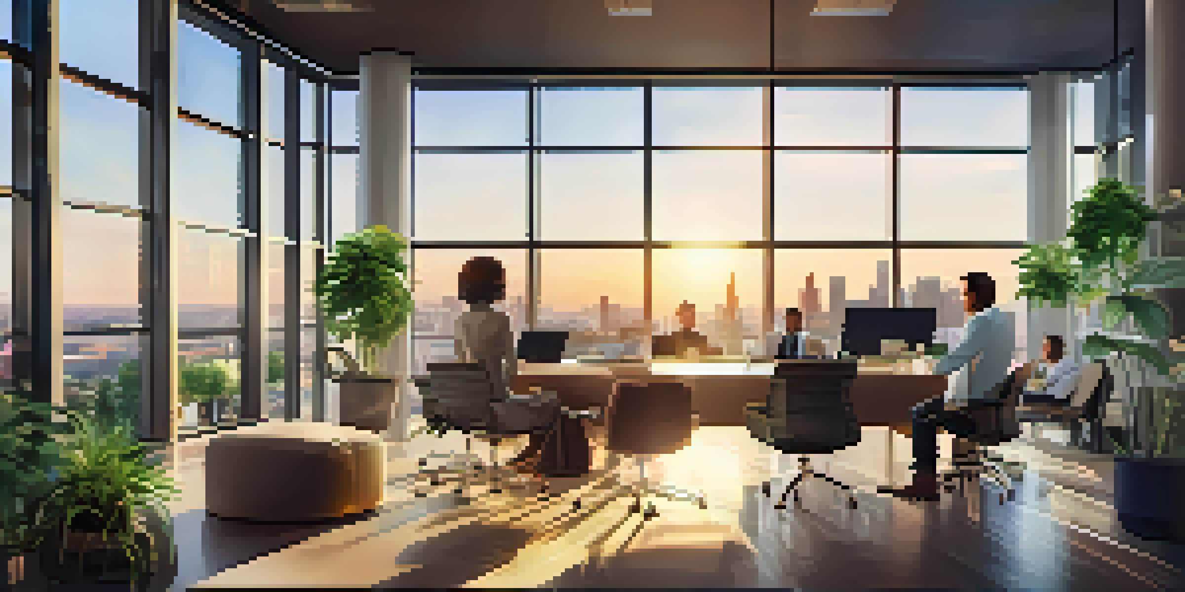 A modern real estate crowdfunding office with investors discussing plans, surrounded by greenery and reflecting the city skyline at sunset.
