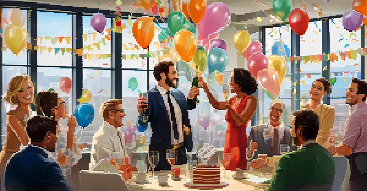 An agent and their client celebrating a success with champagne in a decorated office.