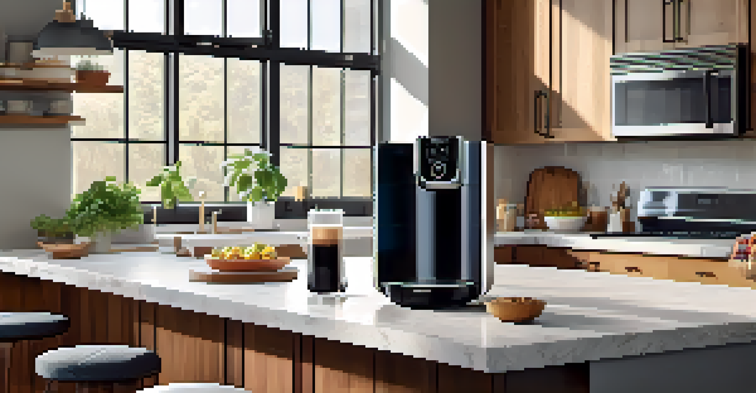 A modern kitchen featuring a smart speaker and a coffee maker, illuminated by natural light from the windows.